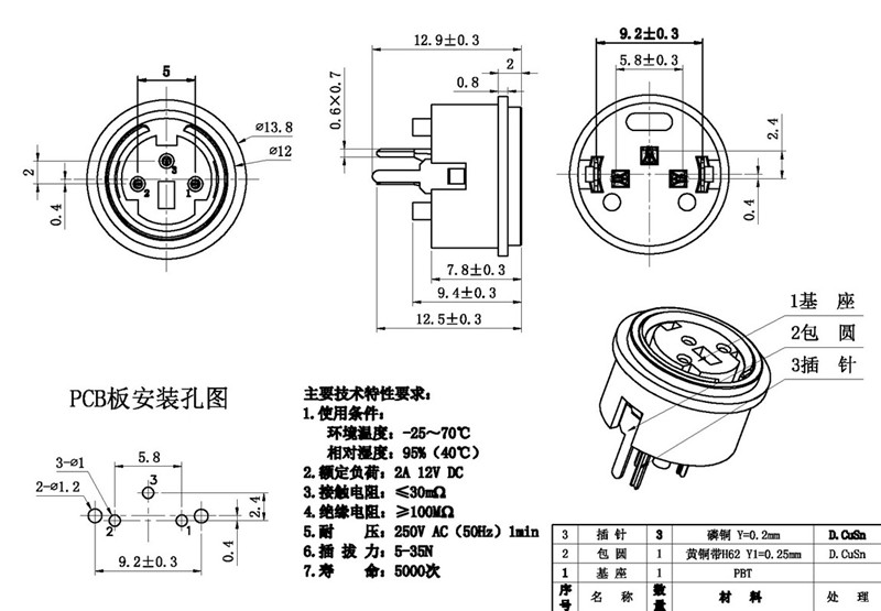 DSW & Mini Din Jack, 3 Pin, Receptacles, Through Hole Type_DSW & Mini